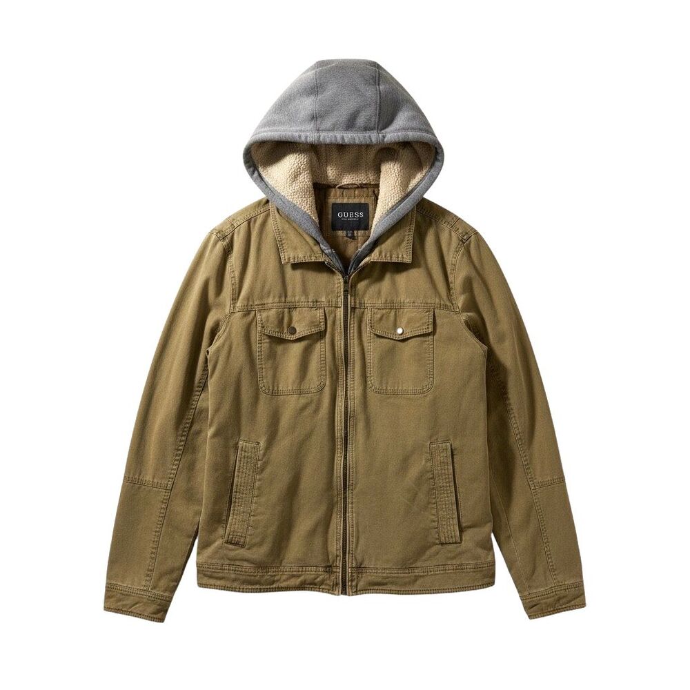 Guess Men's Jacket Coat Zip Front Hooded Khaki Denim Brown XXL